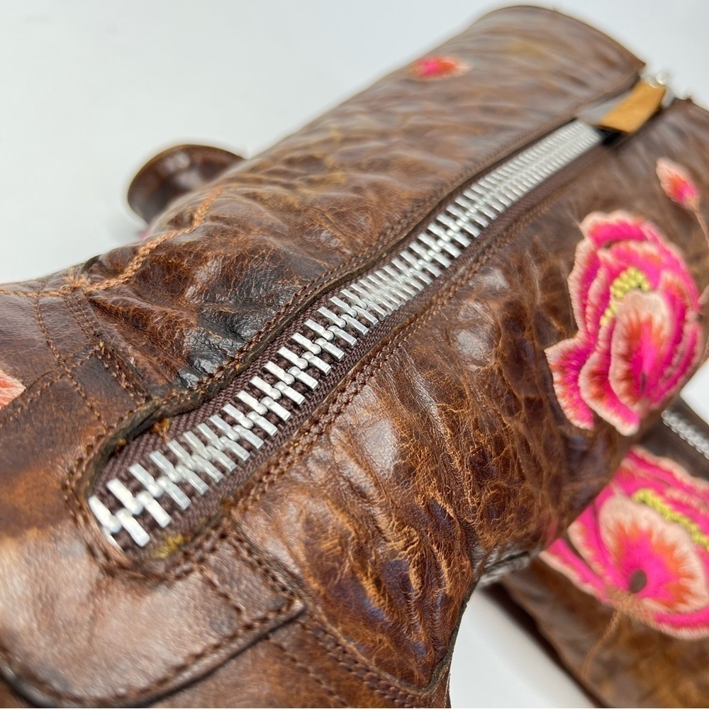 OLD GRINGO Abby Rose Pink Embroidered Floral Distressed Brown Cowboy Biker Boots - Picture 8 of 14
